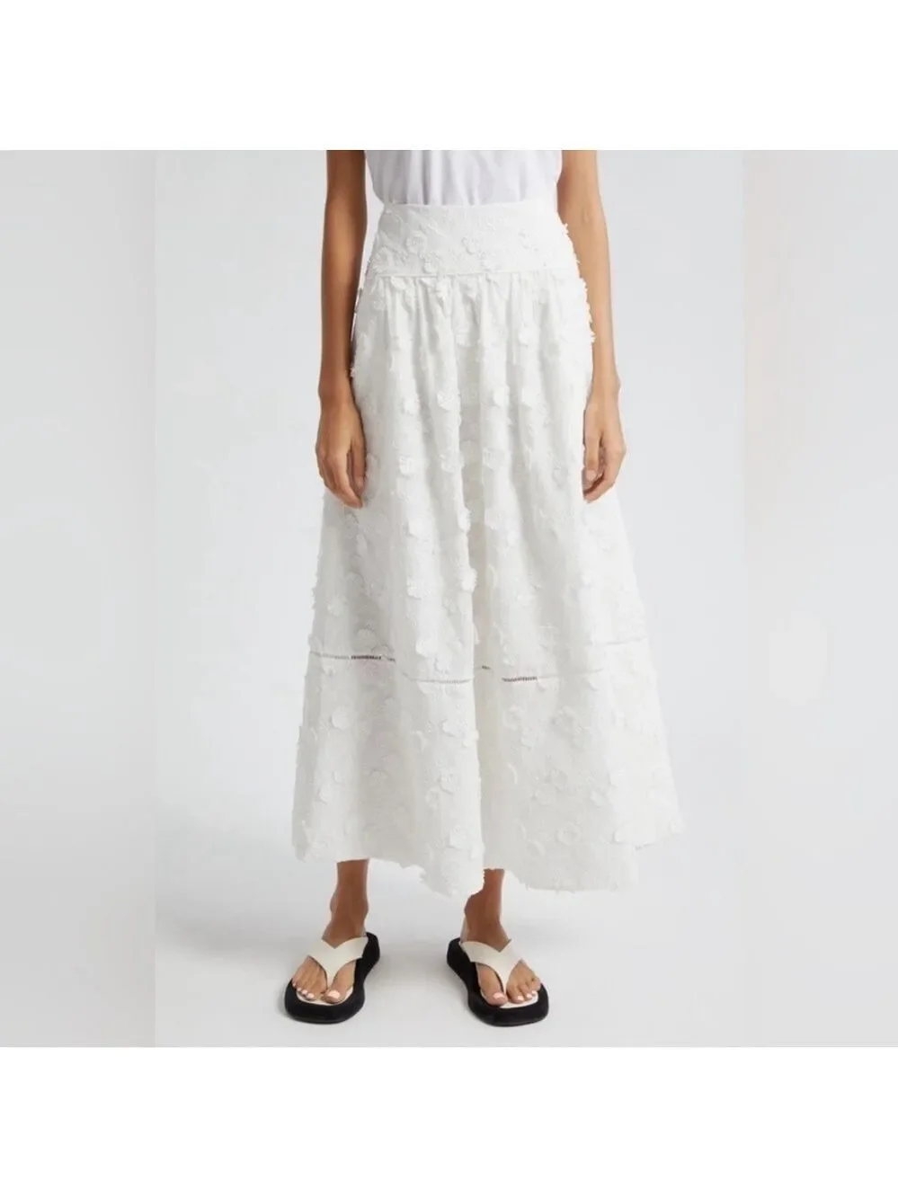 Farm Rio Off-White 3d Flower Midi Skirt
